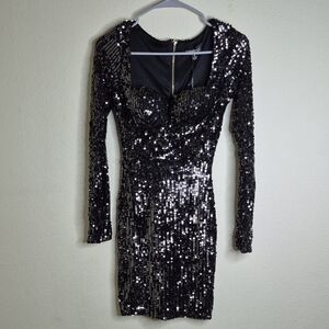 Hera Collection Black Sequin Long Sleeve Cocktail Dress